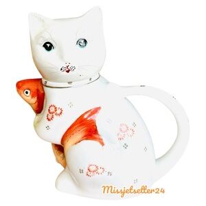 Vintage White Cat Holding Orange Koi fish Ceramic Teapot Creamer
